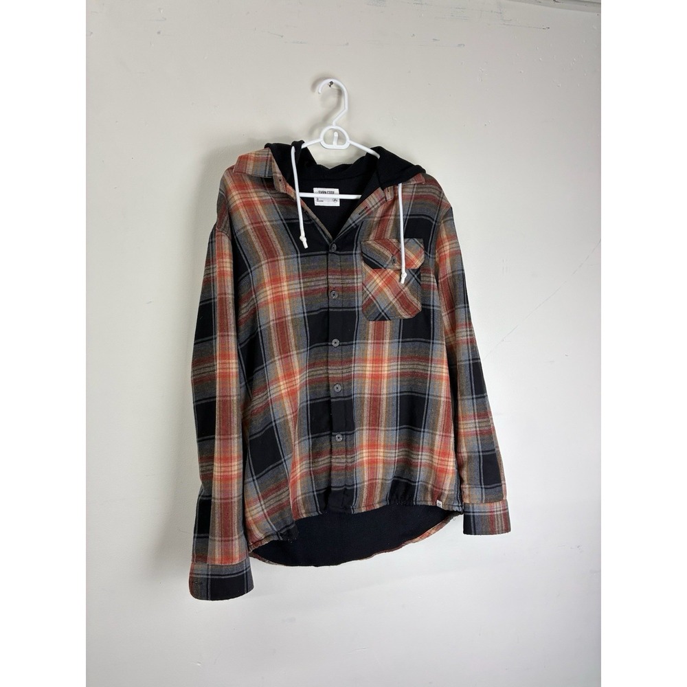 SVRN Code Hoodie Men Sz Sm Brown Orange Plaid Flannel Grunge Street Skater Shirt